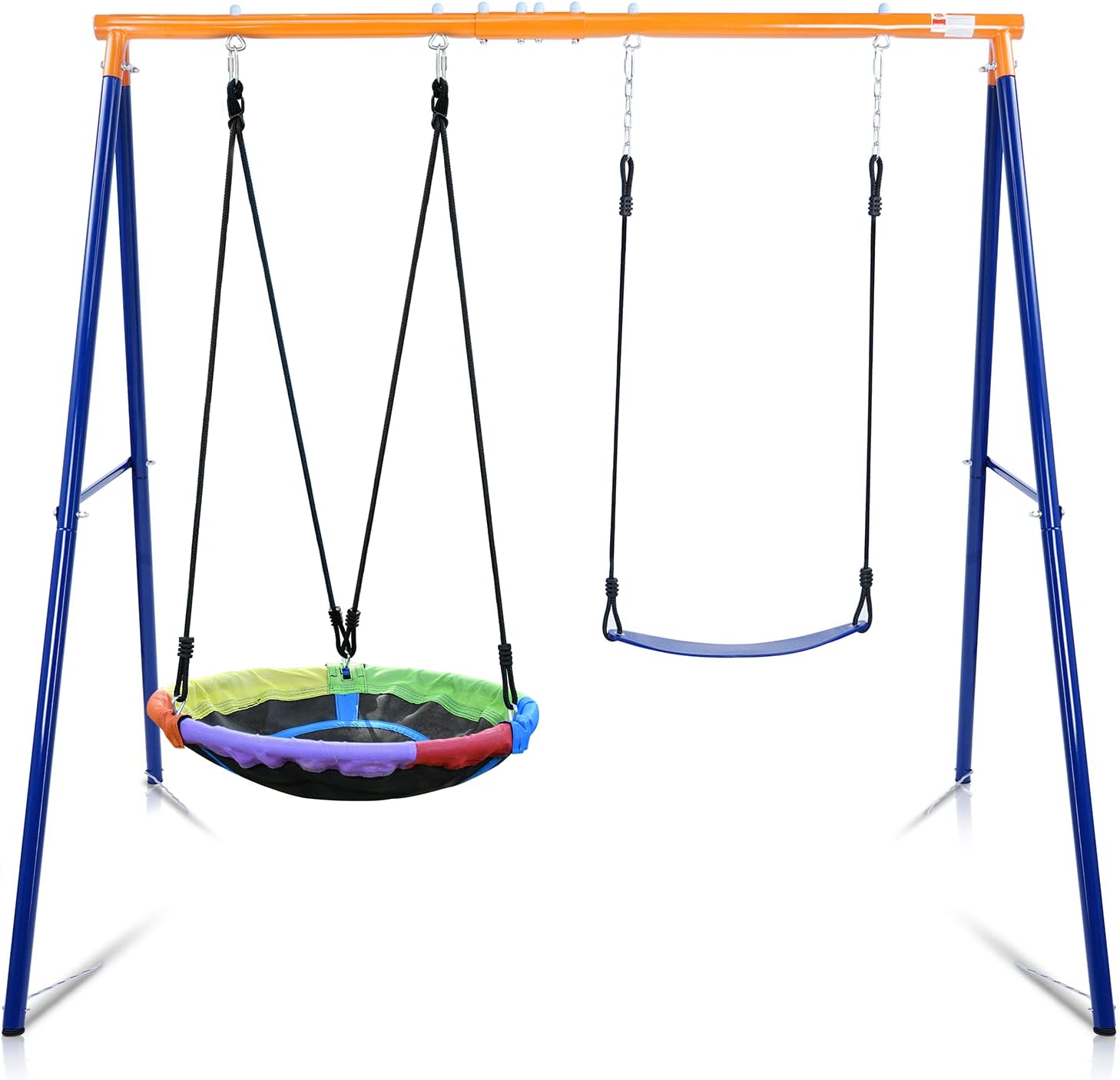 Swing Sets for Backyard, 440lbs Swing Set with Heavy-Duty A-Frame Metal Stand, 1 Saucer Swing Seat & 1 Belt Swings Seat