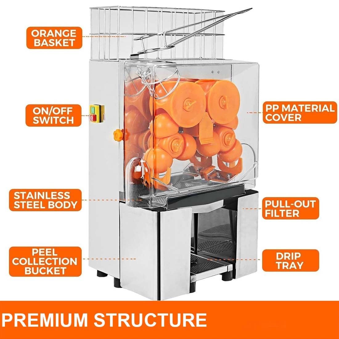 Exprimidor de Naranjas, 120 W, Máquina Automática Comercial Naranja, 20 Naranjas/Min, Exprimidor Naranjas Profesional, Acero Inoxidable de Grado Alimenticio, Maquinas de Zumo de Naranja