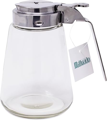 Dispensador de azúcar de vidrio de 12 onzas | Estilo restaurante, tapa de acero inoxidable, perfecto para azúcar, apto para lavavajillas