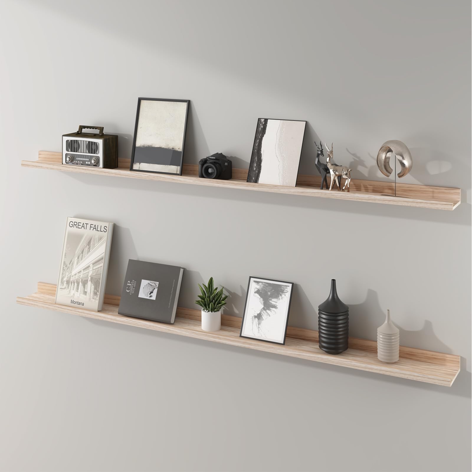 SAUMONIERES Picture Ledge Shelf Floating Book Shelves Wall Mounted Solid Wood for Bedroom Living Room Kitchen, Rustic Torched, 72 Inch Set of 2