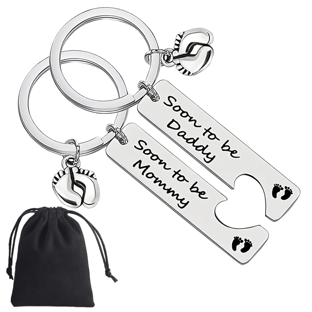 Shalovelyna Unisex Infant Silver 2Pcs New Parents Keyrings Sliver Pregnancy Announcement Keyring Meaningful Parents To Be Keychain With Velvet Gift Bag For Future Mother Father