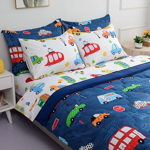 Wajade Juego de edredón de coches de dibujos animados, cama en una bolsa, tamaño Queen, colorido juego de ropa de cama para niños y niños (1