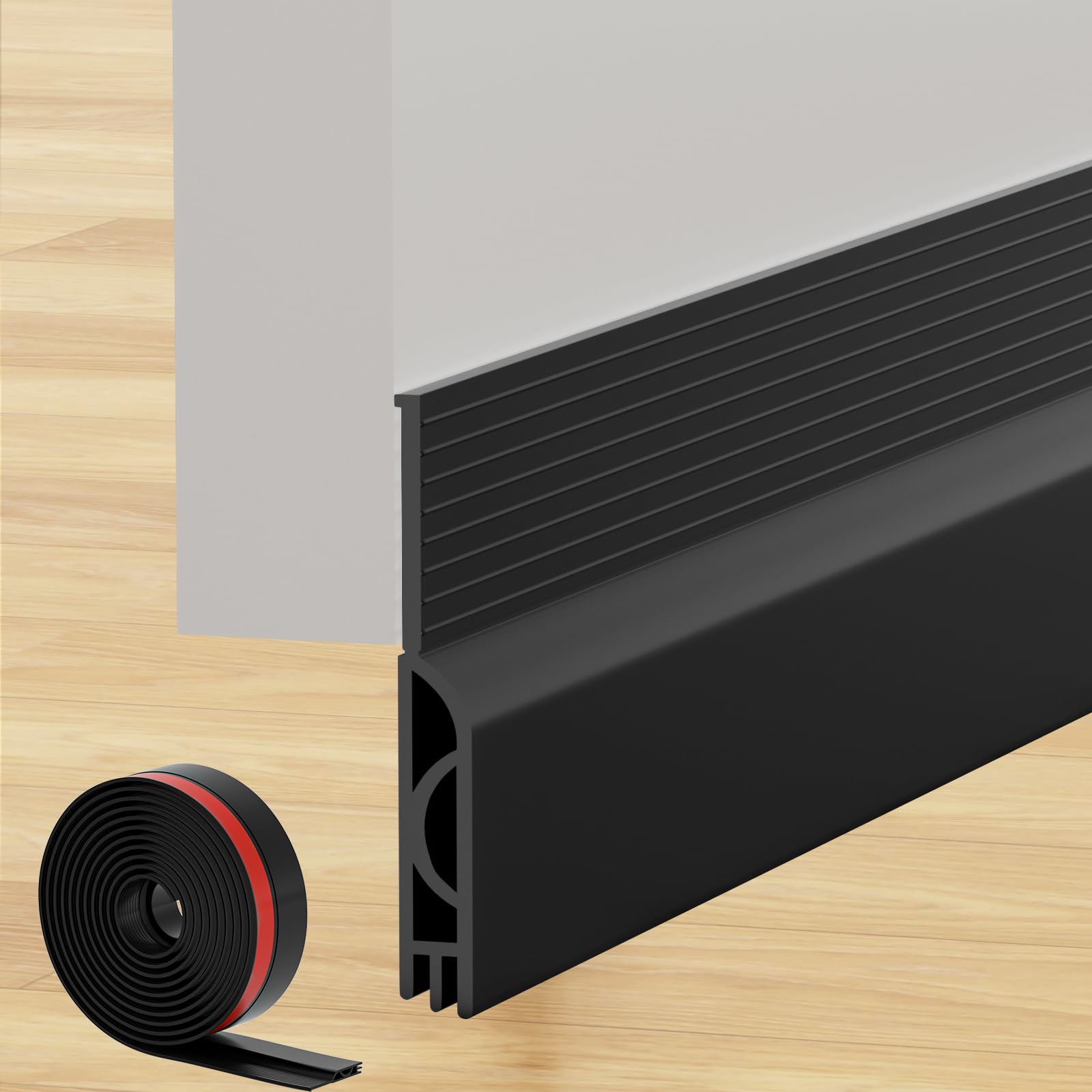 Under Door Draft Stopper, Self-Adhesive Door Sweep for Bottom of Door, Weather Stripping Soundproofing Insulation Strip, Under Door Gap Filler for Exterior/Interior (1M, Black)