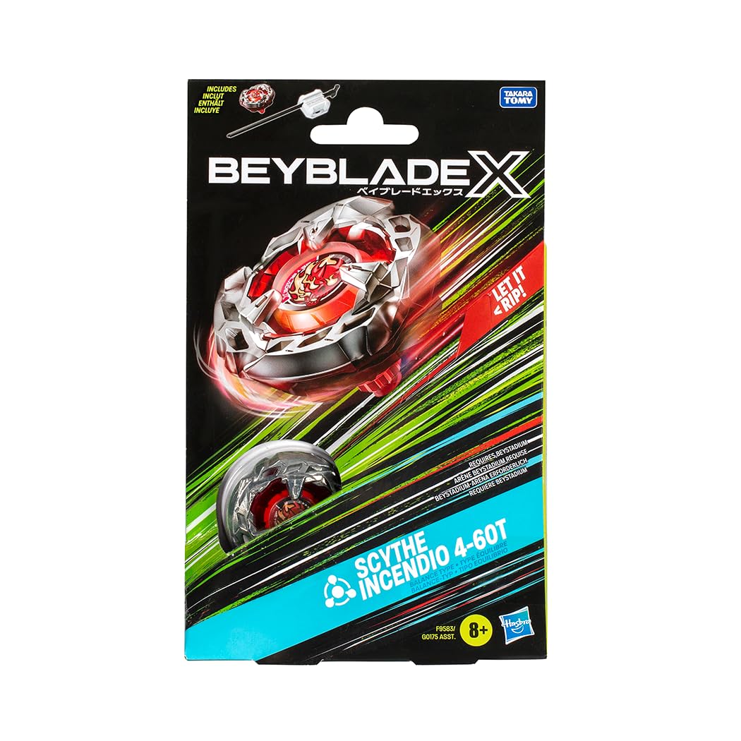Beyblade X, Pião, Scythe Incendio 4-60T - Conjunto de Brinquedo Tipo Equilíbrio, Giro à Direita, Inclui Lançador - A partir de 8 Anos