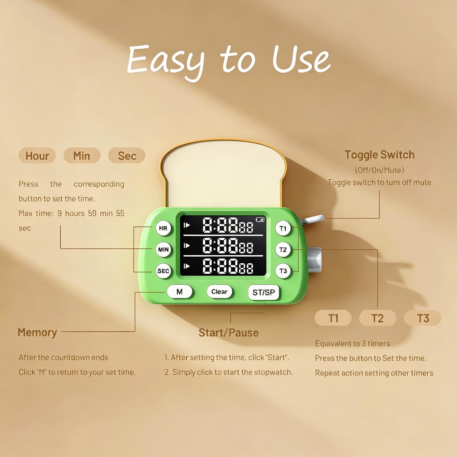 Temporizador programable inspirado en el pan, 9 horas y 59 minutos, función de memoria para cocinar tareas de horneado, temporizador de estudio
