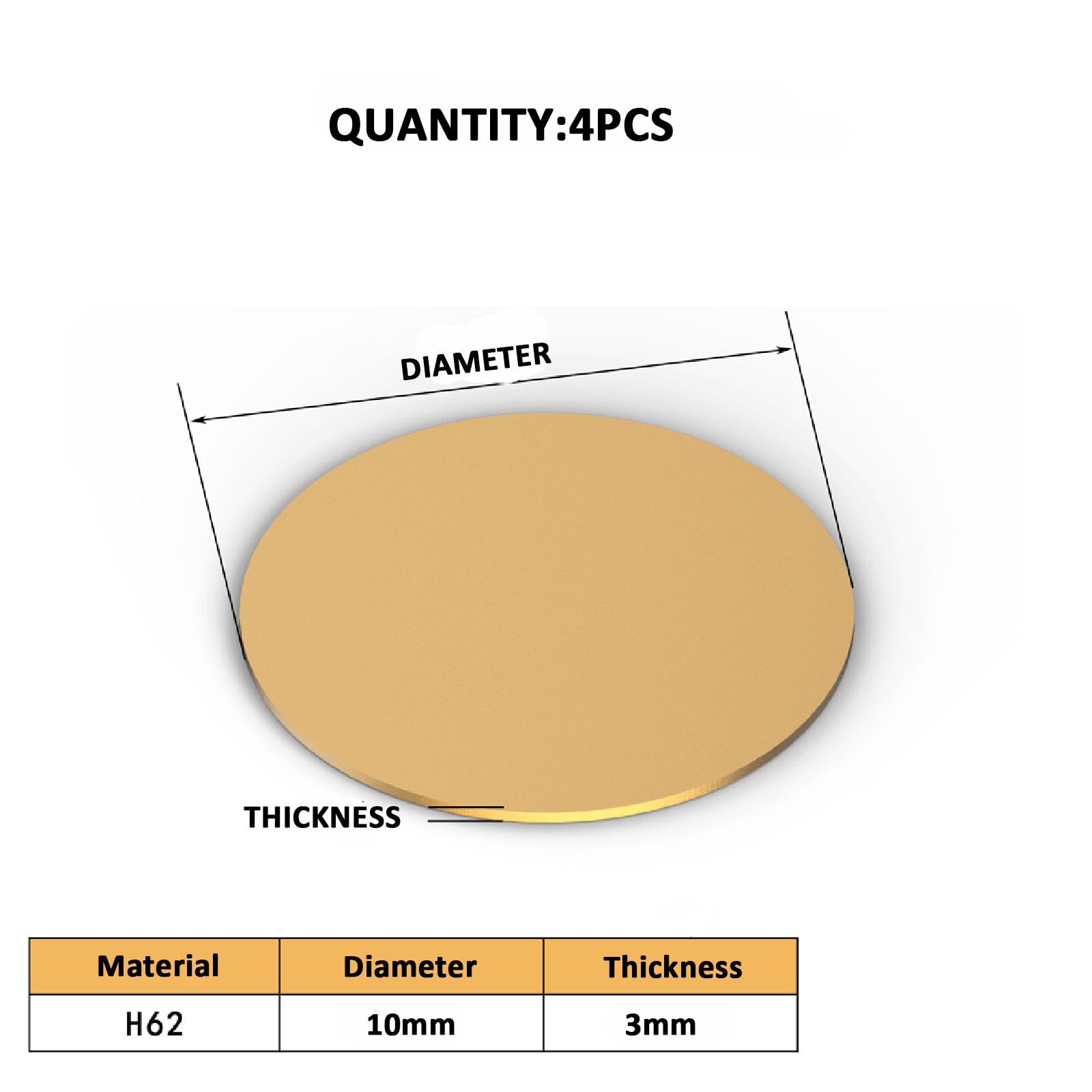 COYOUCO 4 Pcs Brass Round Plates Diameter 10mm Thickness from 0.3mm-6mm Brass Disc Suitable for Crafts, Models, and Repairs,3mm