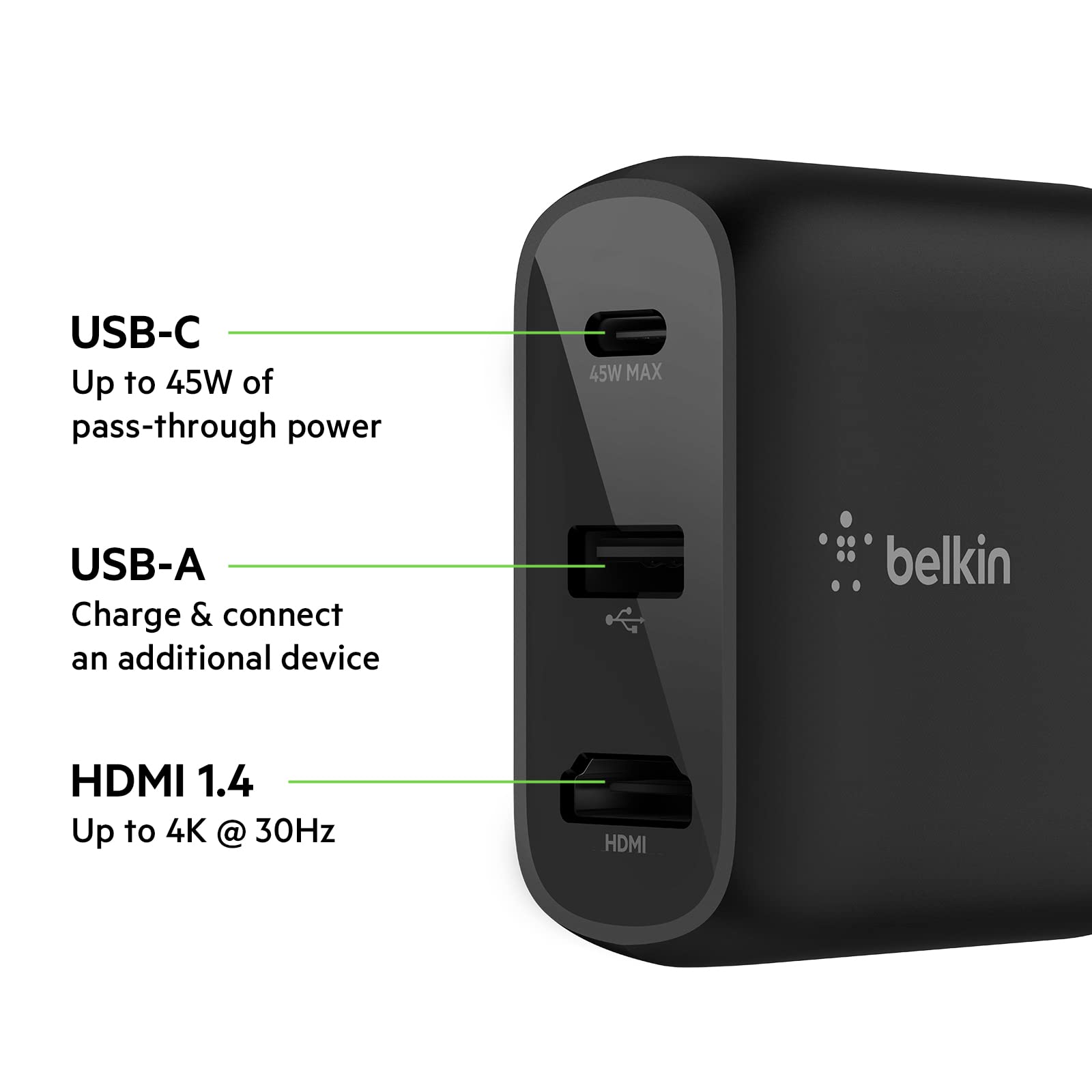 Belkin Dock di ricarica PD da 45 W con USB-A, USB-C e HDMI | Combina ricarica rapida con connettività espansa, ideale per MacBook, laptop e PC home office e configurazioni da scrivania