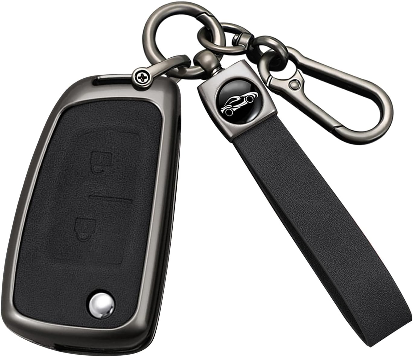 HIBEYO Folding Key Fob Cover Compatible with Nissan Rogue Rogue Select Rogue Sport Sylphy Pulsar Sentra Accessories Leather& Zinc Alloy Key Case Holder with Keychains-2 Button Black