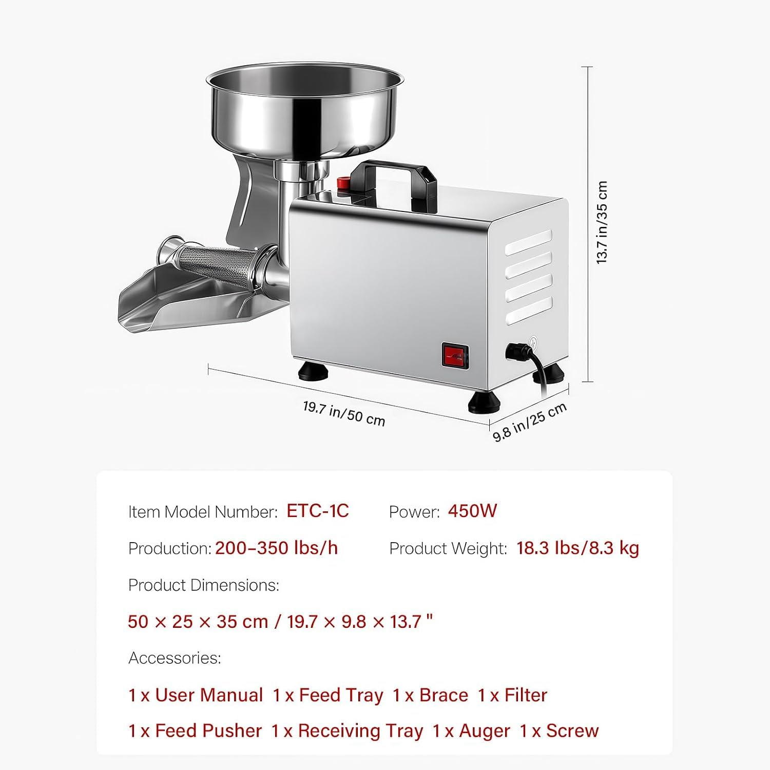TYH Machine À Confitures Et Sauces 450 W, Presse-tomates Électrique Professionnelle, Capacité 90-160 Kg/h, en Acier Inoxydable 304 pour Confitures Et Sauces