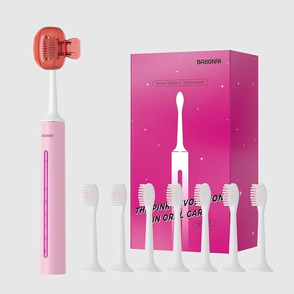 Sonic Electric Toothbrush with 8 Brush Heads for Adults & Kids 3+, Type-C Rechargeable Toothbrush with Cover Cap, 5 Adjustable Modes, SmarTimer, IPX7 Waterproof, One Charge for 180 Days, Light Pink