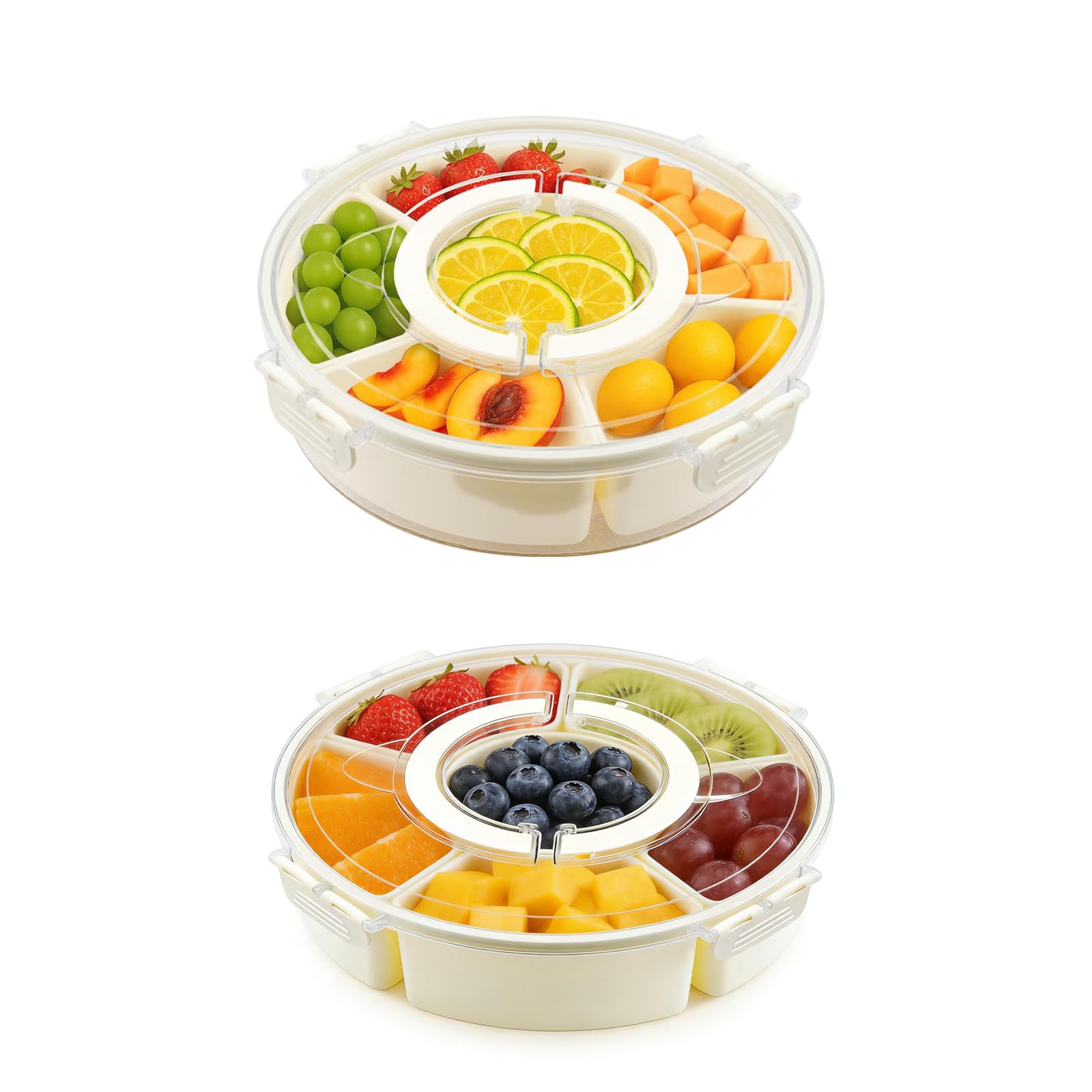 ARATERVIO Snackschale mit 6 Fächern Abnehmbare Snackbox mit Deckel Griff, Drehbare Dipschale Snackteller Picknick Box für Nüsse Süßigkeiten Obst Fingerfood Praktische Aufbewahrung für Party