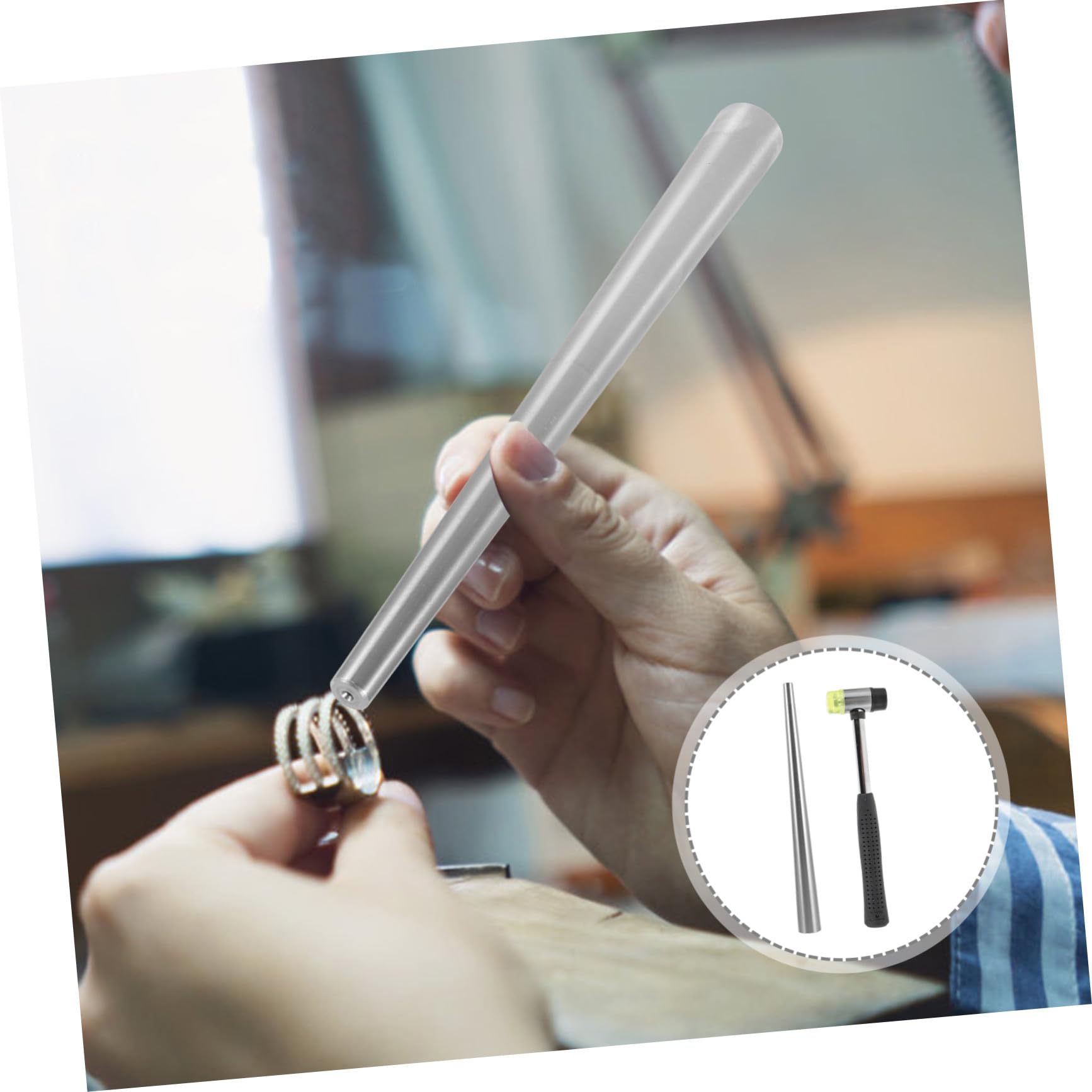HEALSOPTHY Juego Ajustador de Anillos Varilla Metálica y Martillo de Goma Portátil para Joyería Artesanal, Talla Ajustable, Resistente, Adecuado para Manualidades y Reparaciones en Casa