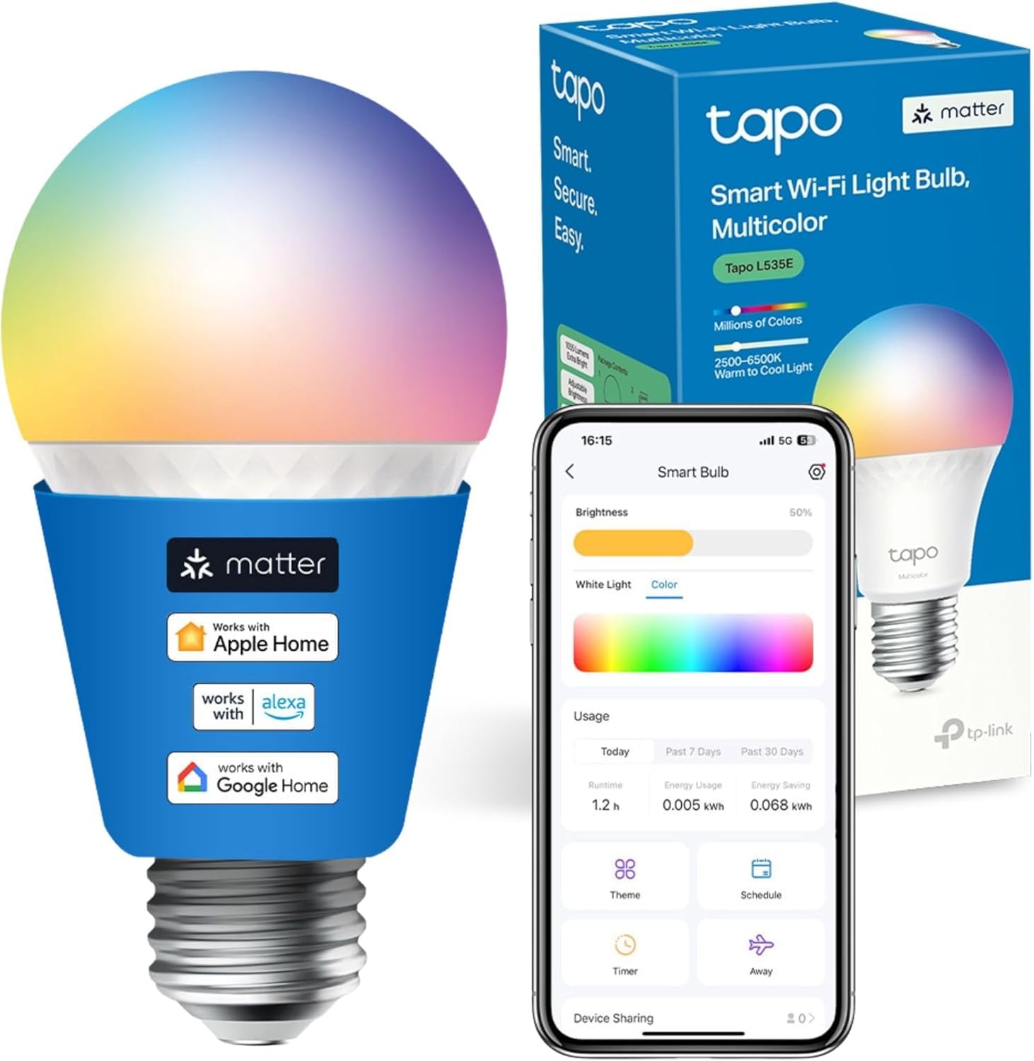 Tapo L535E Smart Bulbs, 1055 Lumens High Brightness (75W Equivalent), Multicolor, 2500-6500k Dimmable, Compatible with Matter, Alexa and Google