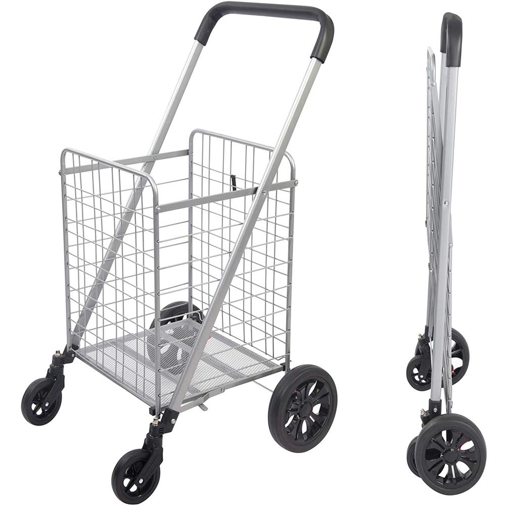 JIXINGrocery Shopping Cart with Heavy Duty Swivel Wheels, Folds Flat with Wide Cushion Handle Bar, Mesh Bottom