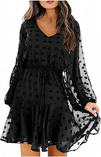 Amazon.com: Vestido de otoño para mujer, manga larga, cuello en V, vestido  corto fluido, casual, holgado, estampado de lunares, cintura alta, vestidos  acampanados : Ropa, Zapatos y Joyería