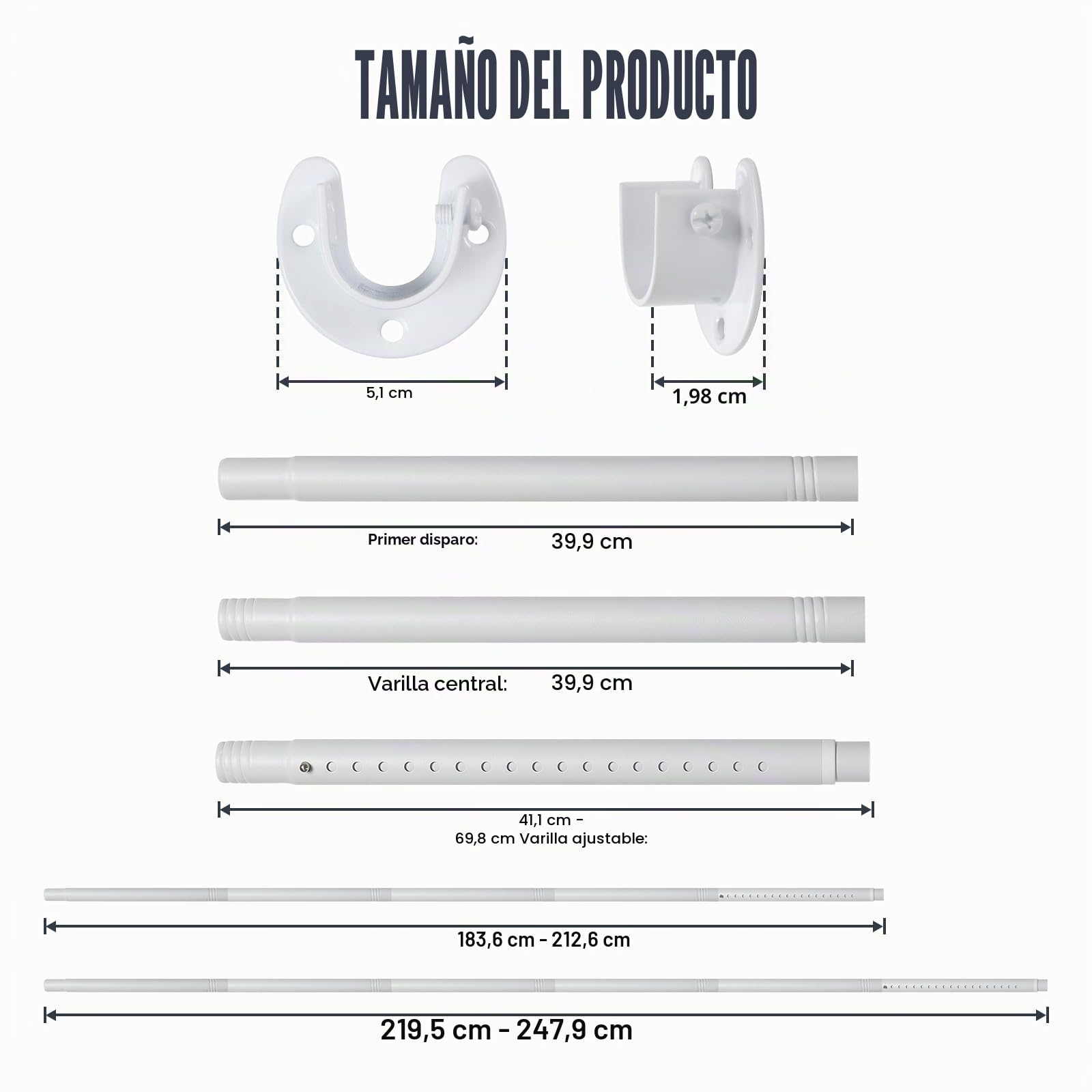 6J - Barra extensible para ropa, 40-248 cm, color blanco, con 2 piezas en forma de U, para armarios, lavanderías y caravanas
