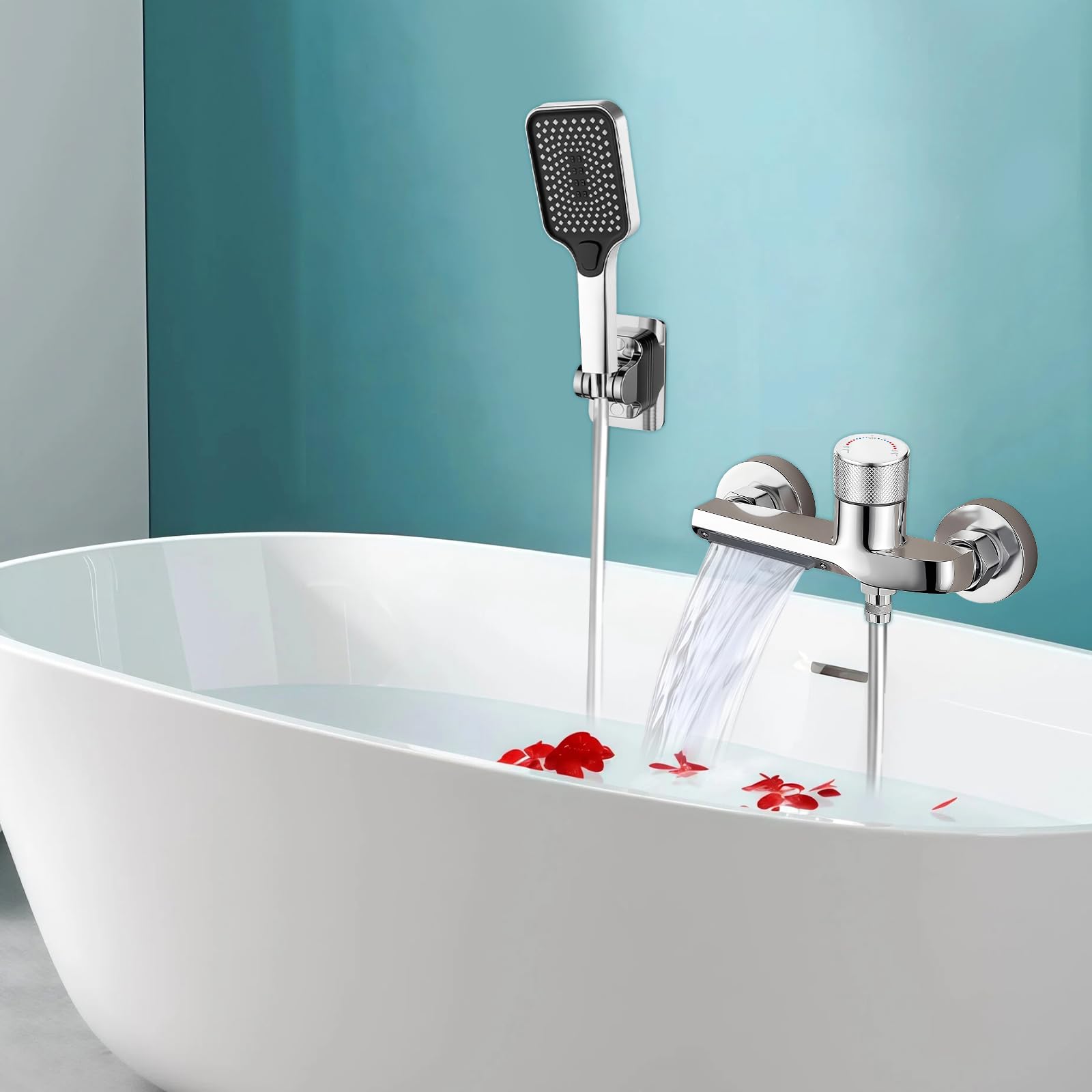 Rubinetto Vasca da Bagno Parete a Cascata con Doccetta 3 Funzioni, Tubo 1,5m, Miscelatore Ottone Antiperdite, Attacco G1/2 per Bagno, Cromato per Vasca da Bagno