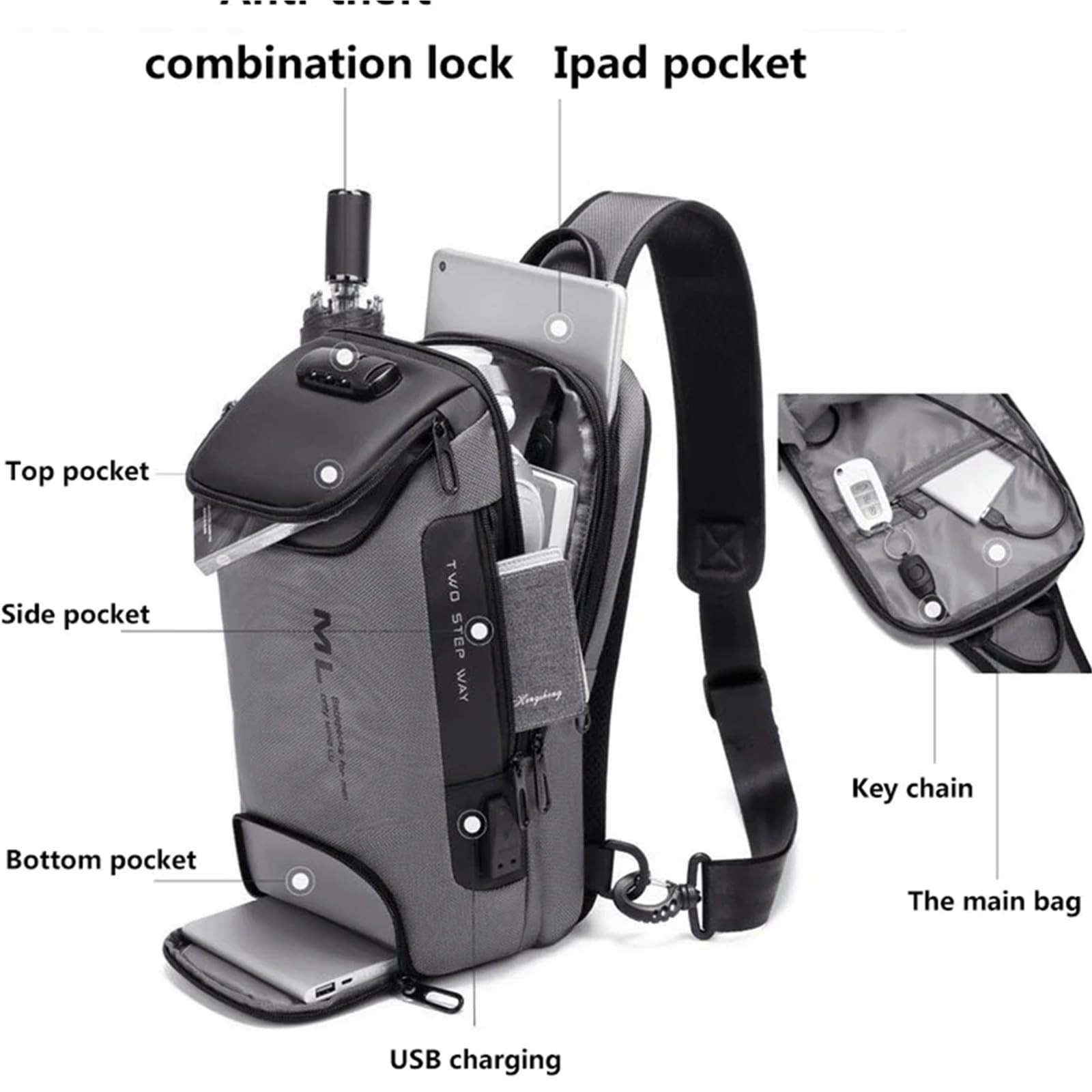 Uomini Moda Antifurto Blocco Multifunzione Borse A Tracolla Ricarica USB Sling Crossbody Viaggio Messenger Borsa Petto Pack Per Maschio