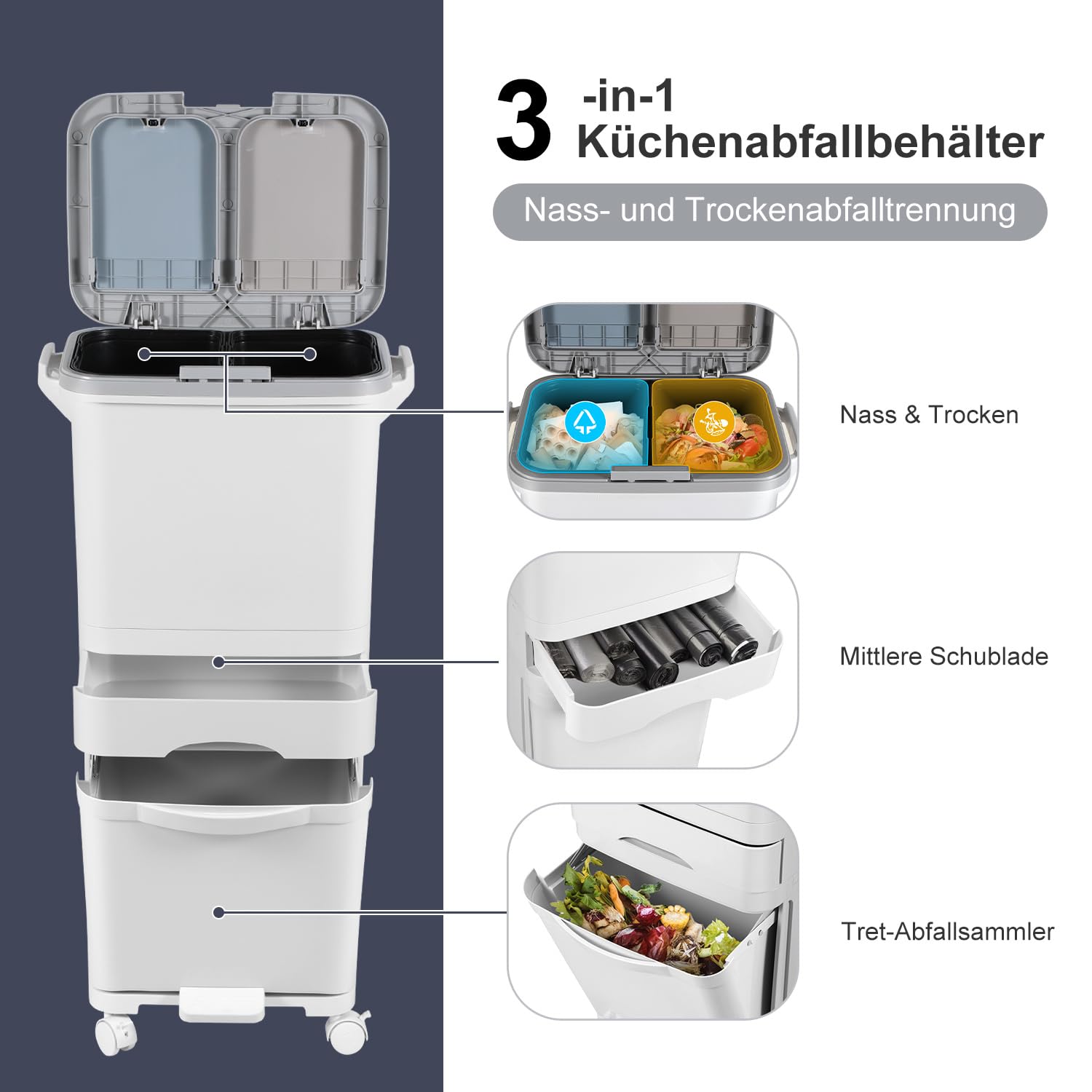 Daromigo Mülltrennsystem Küche 42L, 3 Ebenen Mülleimer Küche Weiß aus PP, Mülltrennsystem 2fach mit Doppel-Inneneimer, Doppeldeckel, Drucköffnung, Fußpedal und feststellbaren Rollen