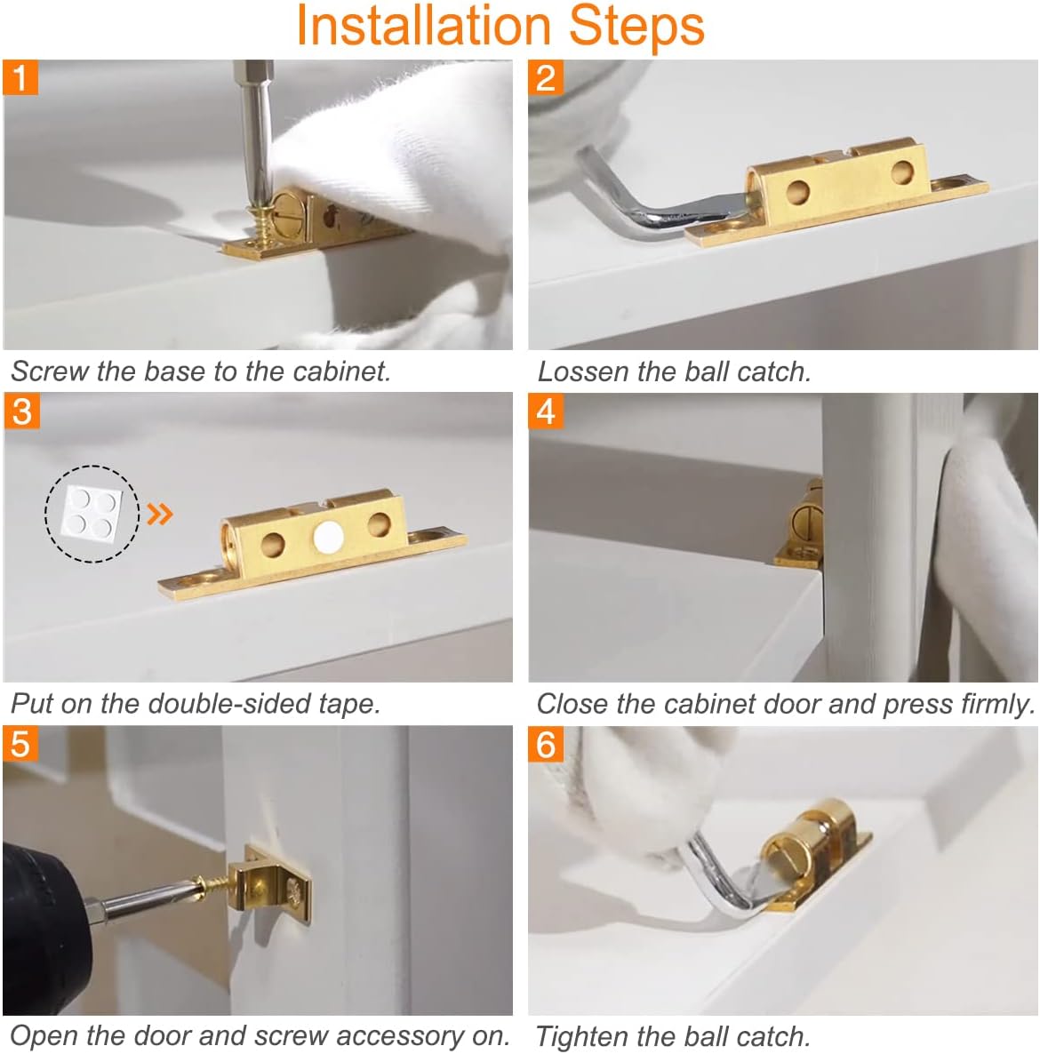 KOVOSCH 4 Pack Door Ball Catch 50mm, Solid Brass Cabinet Door Catch Heavy Duty, Durable Adjustable Tension Latches for Closet, Cabinet, Furniture, Door with Adjustment Tool and Screws (Gold)
