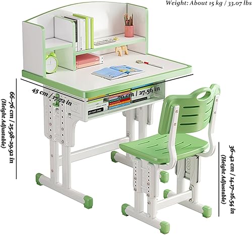 Miniatura 2 de Juego de mesa y silla para niños, escritorio de estudio ergonómico ajustable en altura con cajón de almacenamiento grande, estantería incorporada,