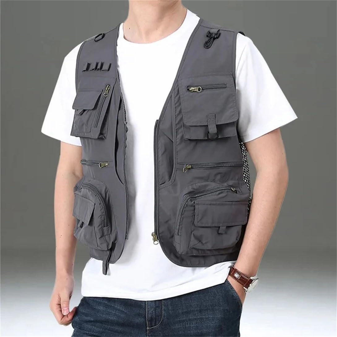 Gilet da uomo con scollo a V, senza maniche, leggero, in rete, per lavoro, caccia, viaggi, con tasche multiple