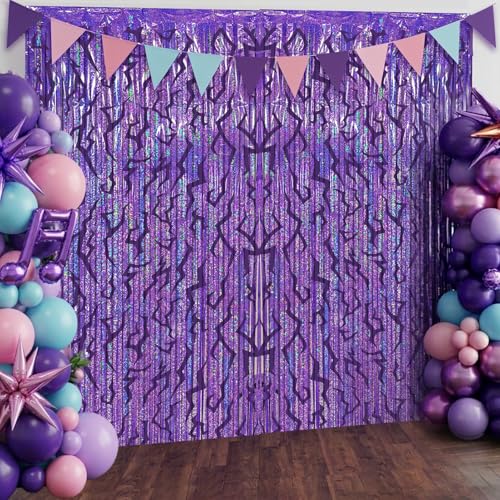 Image of 2 Packs Purple Foil Fringe Curtain, Purple Energy Pattern Glitter Metallic Tinsel Backdrop for Birthday, Baby Shower, Graduation, Bachelorette, Korean Idol Movie Party Decorations Favor Supplies