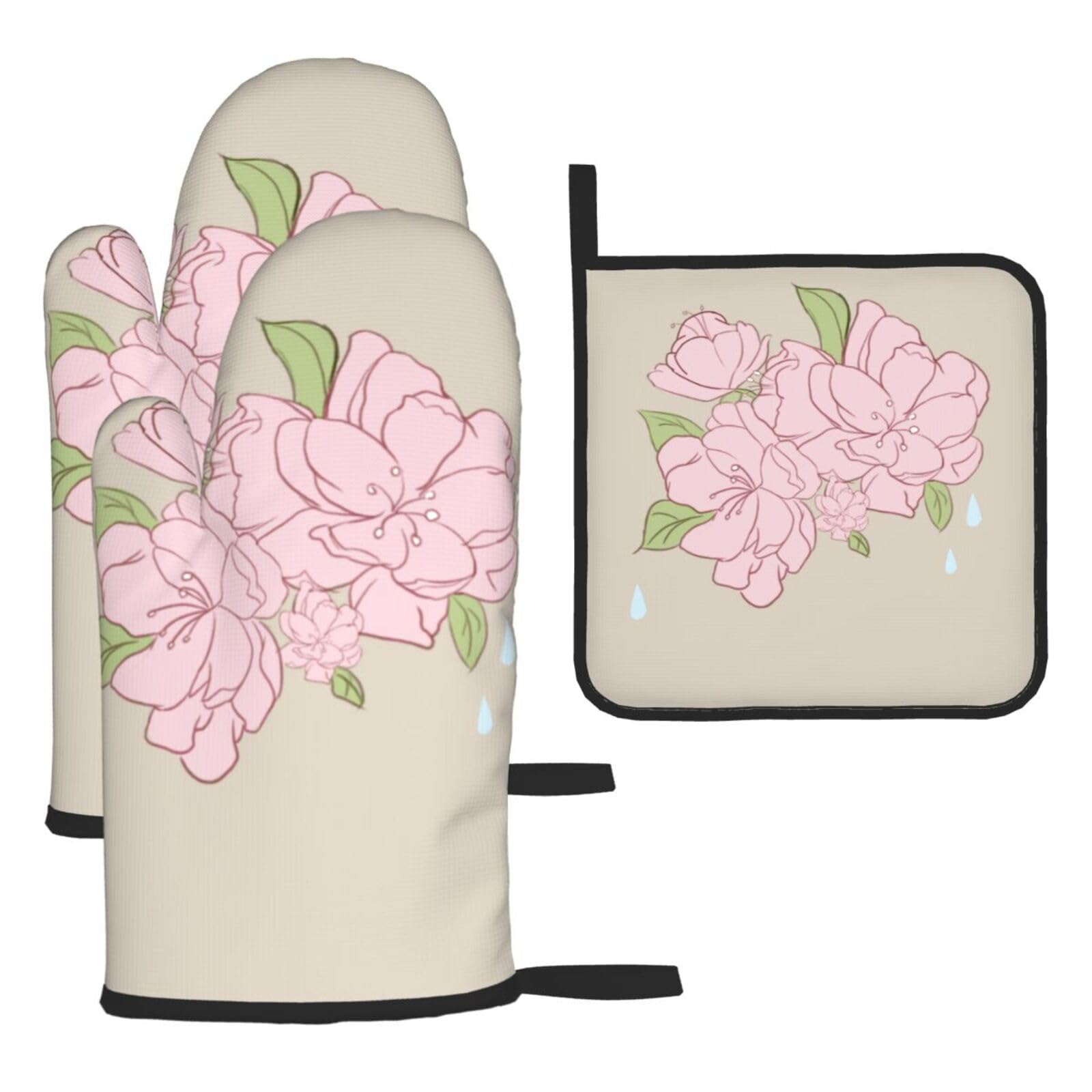 Divided Peach Blossoms Oven mittens and oven mitts three-piece set suitable for oven, grilling, baking, microwave and home cooking.