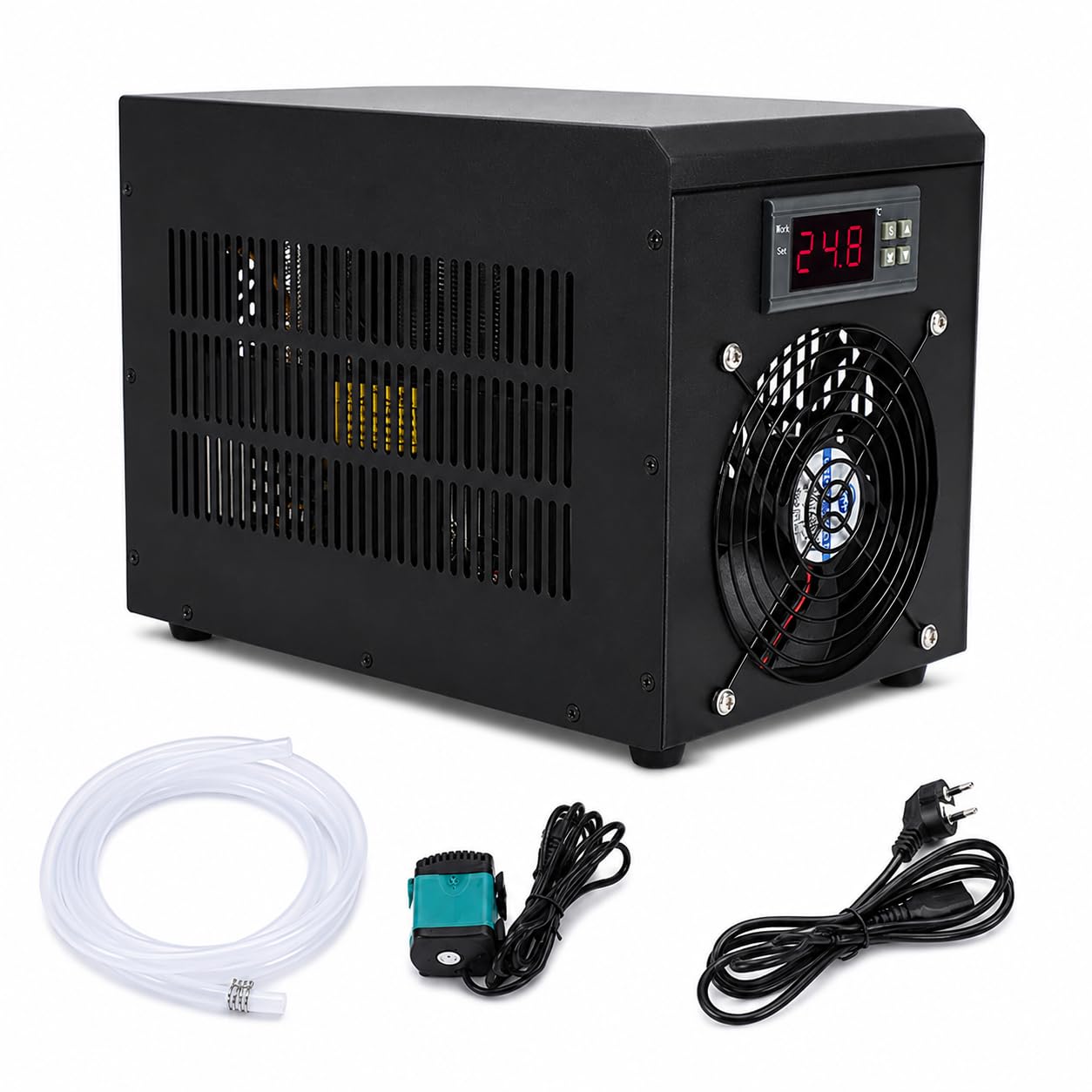 Agregat chłodzący do akwarium i hydroponiki, do 60 l, sterowanie LCD 0-100°C, cicha praca 20 dB, zawiera dwie rury 2 m