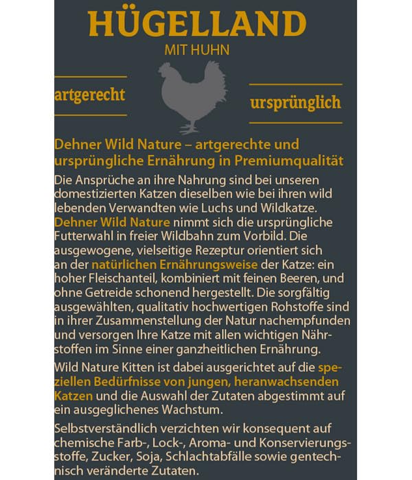 Dehner Wild Nature Katzenfutter Kitten Hügelland, Nassfutter getreidefrei / zuckerfrei, für junge Katzen, Huhn, 16 x 85 g Beutel (1.36 kg)