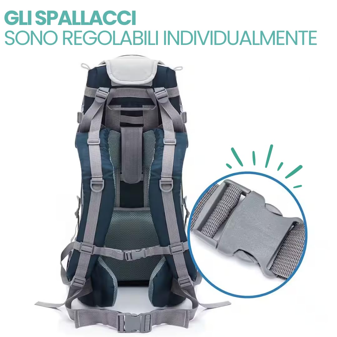 Fillikid Zaino Porta Bambino Montagna, con Protezione Sole, Cintura - Zaino Trekking Porta Bambino e Neonati da 6 Mesi Fino a 18 kg - Blu, grigio