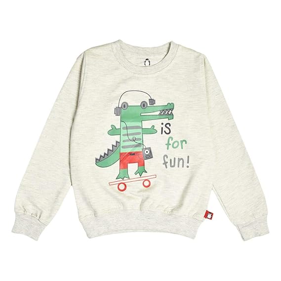 Hopscotch Crazy Penguin Baby Boys Fleece Lycra Full Sleeves Little Dino Printed Sweatshirt in Gray Color