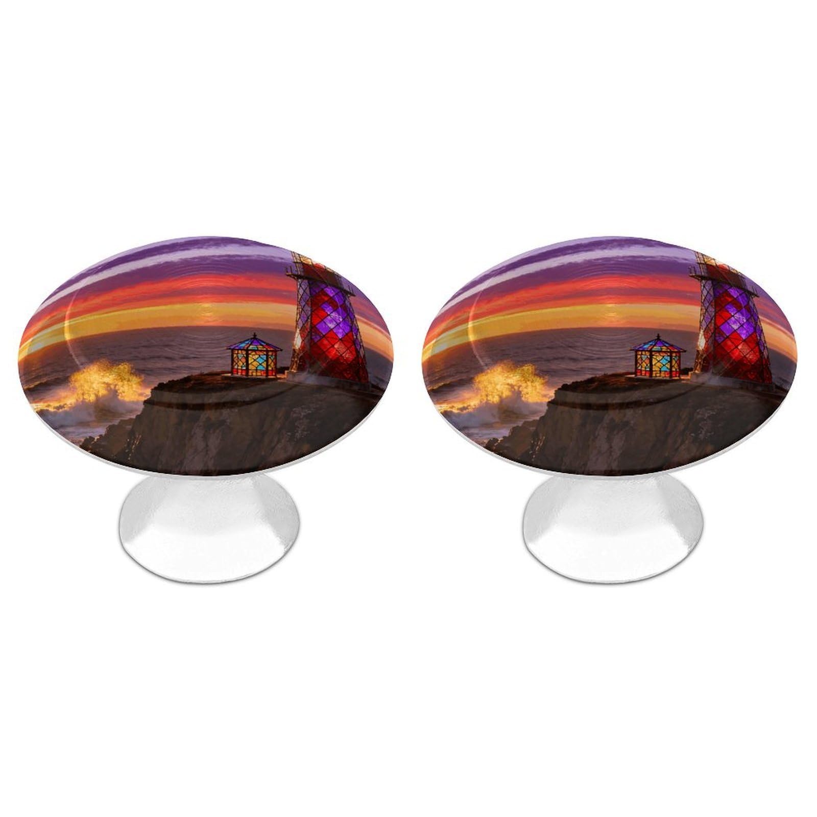 DWVTSLH Stained Glass Lighthouse Cabinet Handles 2 Pack Stainless Steel Kitchen Drawer Pulls with Installation Screws Round Dresser Drawer Knobs 1.1 Inch Modern Cabinet Hardware Door Handles