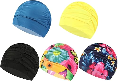 Snadulor Gorra de natación plisada a la moda, gorra de natación de pelo largo, gorra de natación grande para mujer, no impermeable