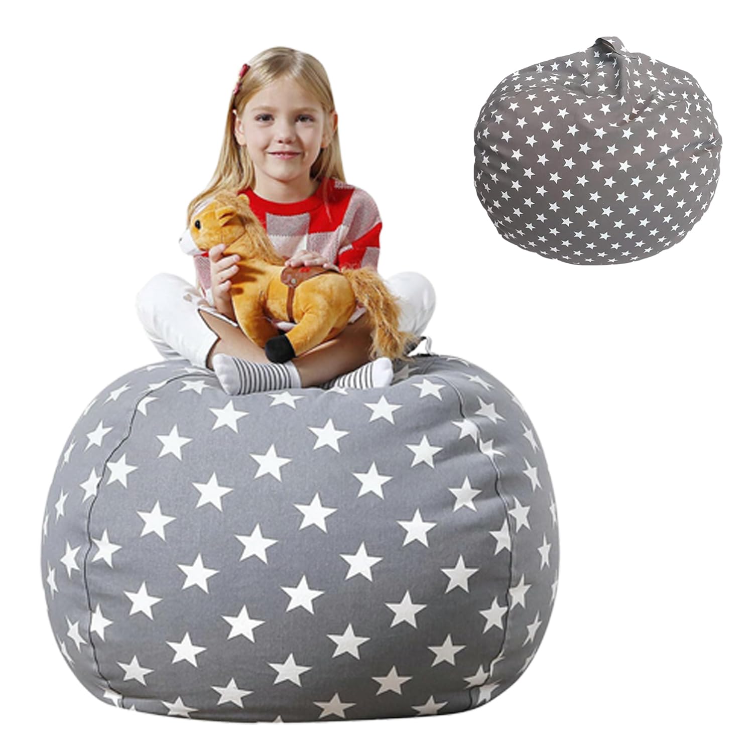 Bolsa Almacenamiento Juguetes Felpa, Lona Bolsa De Frijoles Rellenable, Puffs Plegable para Niños, Grande Bolsa Puff para Guardar para Organizar Juguetes, Ropa (Estrellas Grises, 22 Pulgadas)