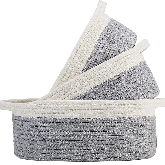 Image of [Set of 3-L-9x5.5 inch, M-8.5x5 inch, S-8x4.5 inch, Oval, Grey] Handwoven Soft Jute Cotton Basket | Naturally Reshapes After Filling | Storage, Organization & Gift Hampers