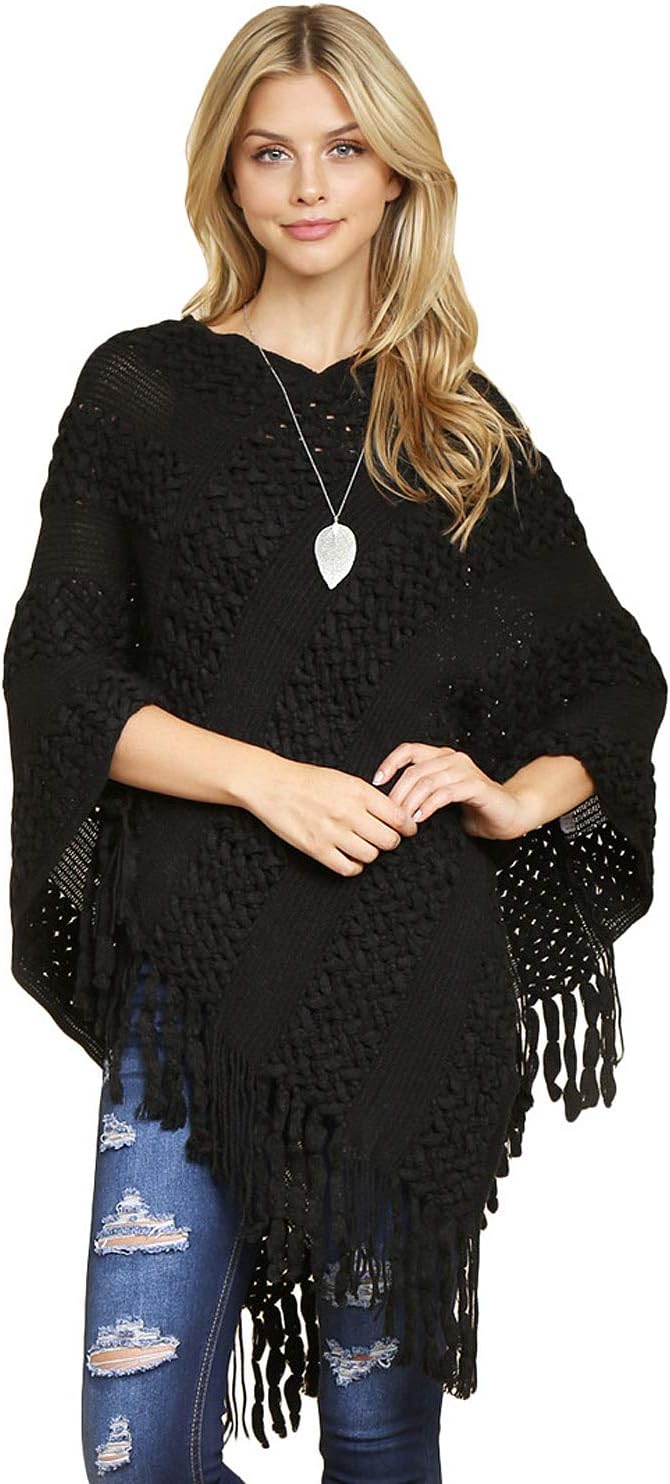 Classic Fringe Poncho (Black),One Size