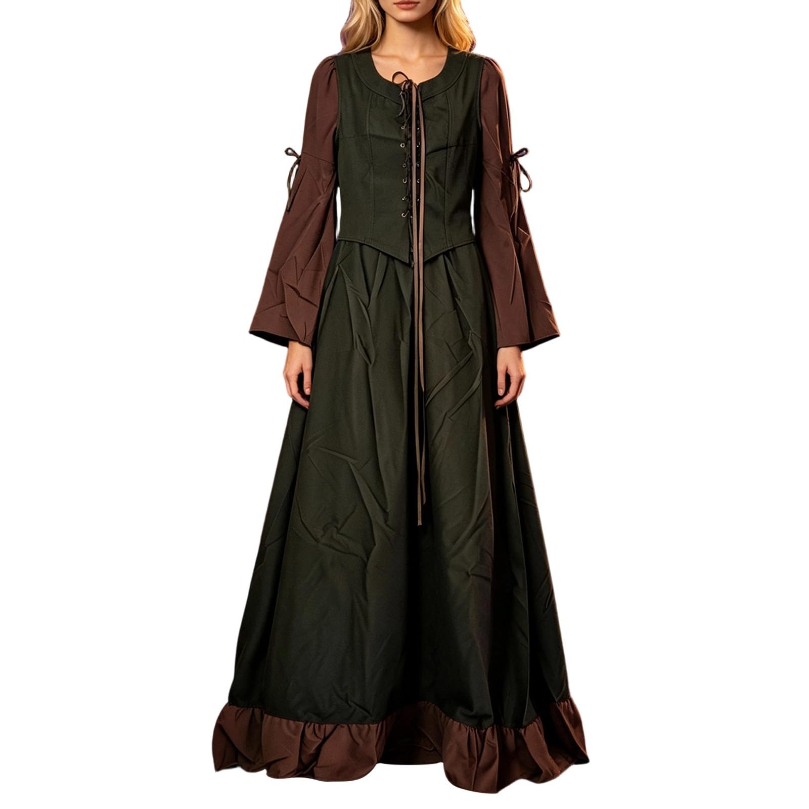 Elegante Abito di Corte Medievale con Corpetto Arricciato, Chiusura con Fiocco al Collo e Maniche Trapezio di Grande Effetto, Ideale per Cosplay e rievocazioni storiche.