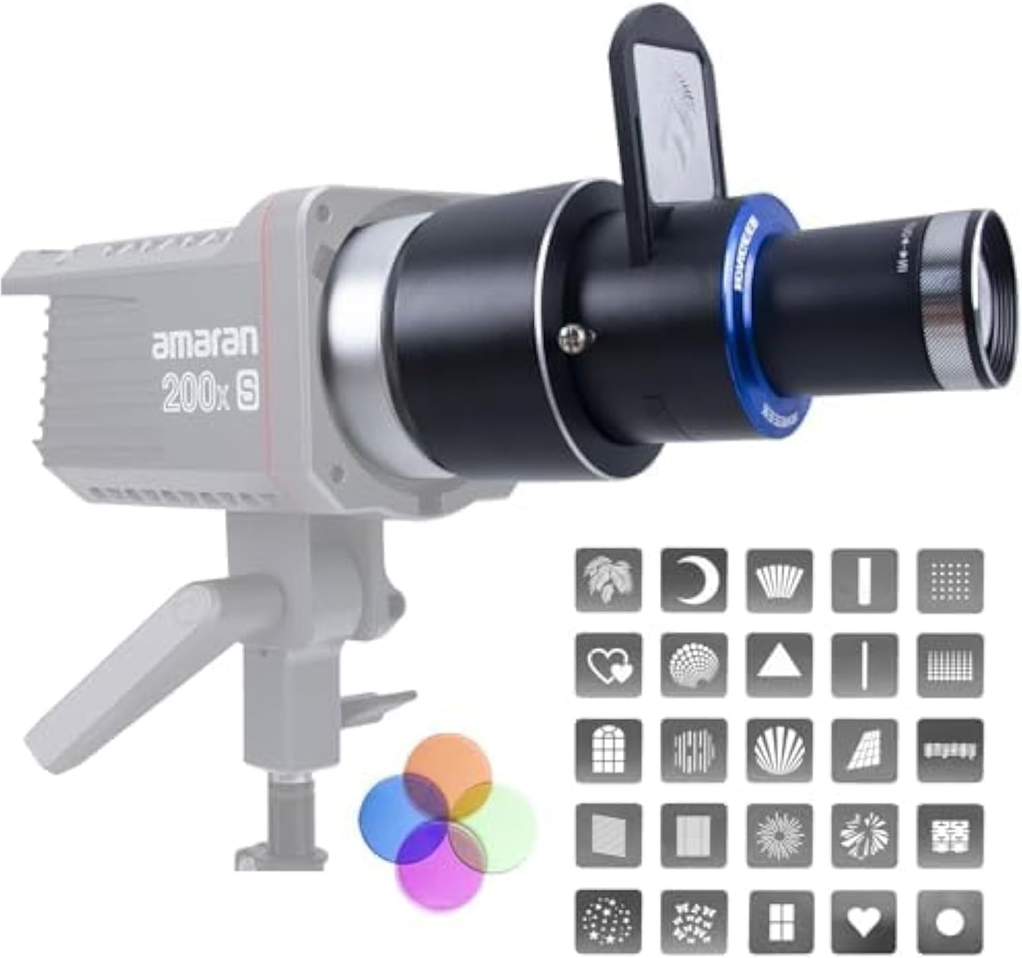 Bowens Mount Snoot, Spotlight Projection Attachment with 25 Gobos and 4 Color Filters for Flash Speedlites and Studio Monolights-Compatible with Aputure, Godox, (FS-100SL-K FBA)