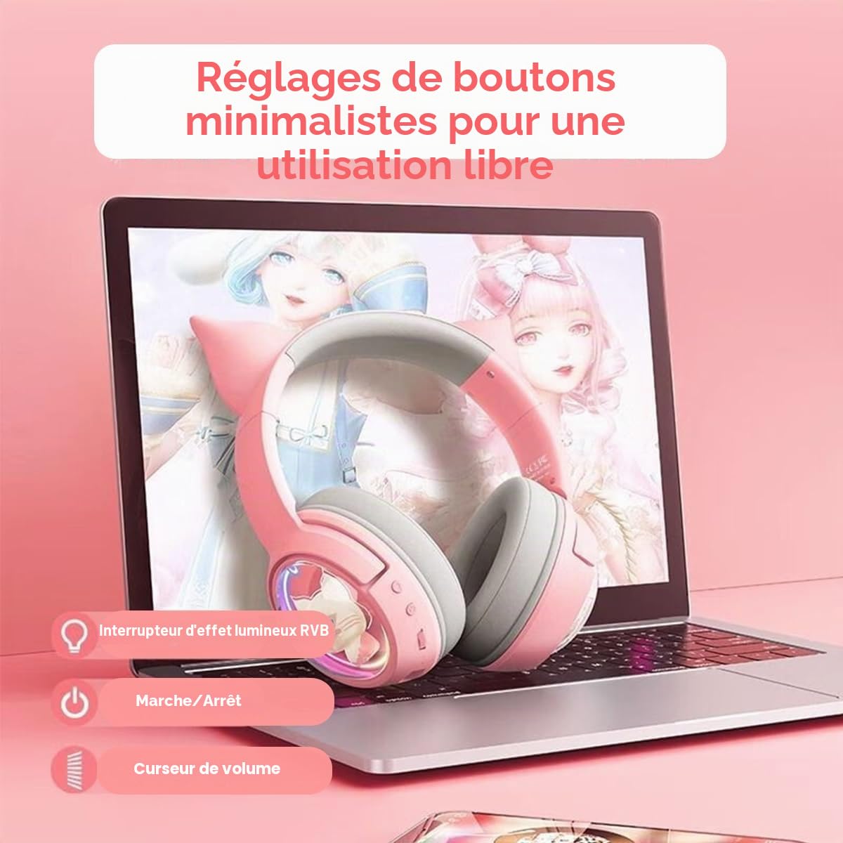 Casque Bluetooth sans Fil Gaming avec Oreille de Chat Rose | Ecouteur Gaming headset De Jeu USB Câblé, avec Microphone Lumière LED, Son Surround 7.1, Stéréo HD, Pour PC TV Téléphone