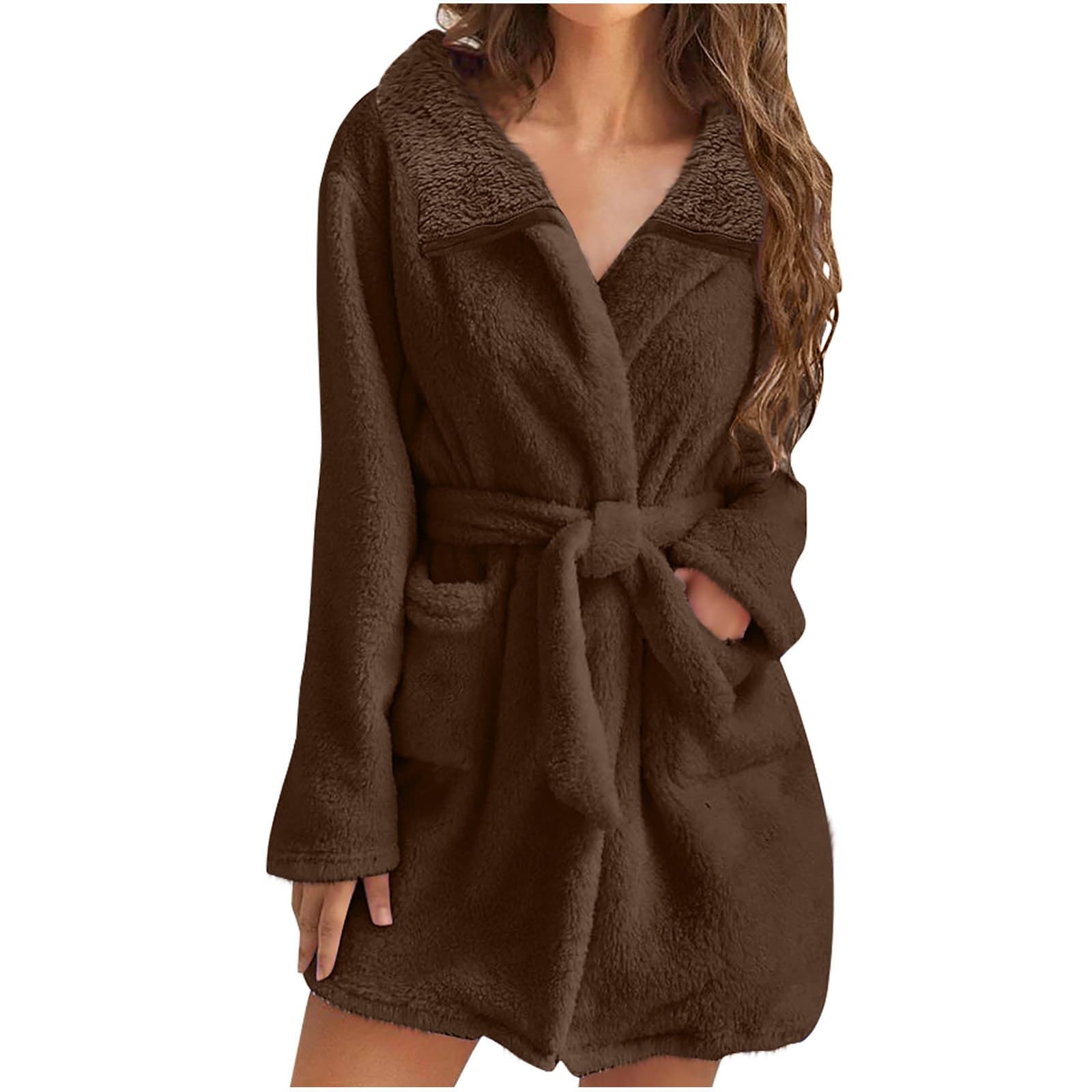 Fluffy Robes for Women Long Sleeves Lapel Lightweight Fuzzy Short Bathrobe Soft Plush Fleece Cardigan Bath Robe