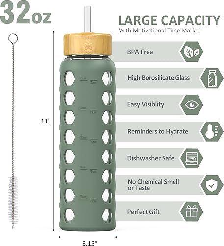 Miniatura 2 de MUKOKO Botellas de agua de vidrio de 32 onzas con 2 tapas, tapa de boquilla con asa y tapa de popote de bambú, vaso de agua motivacional