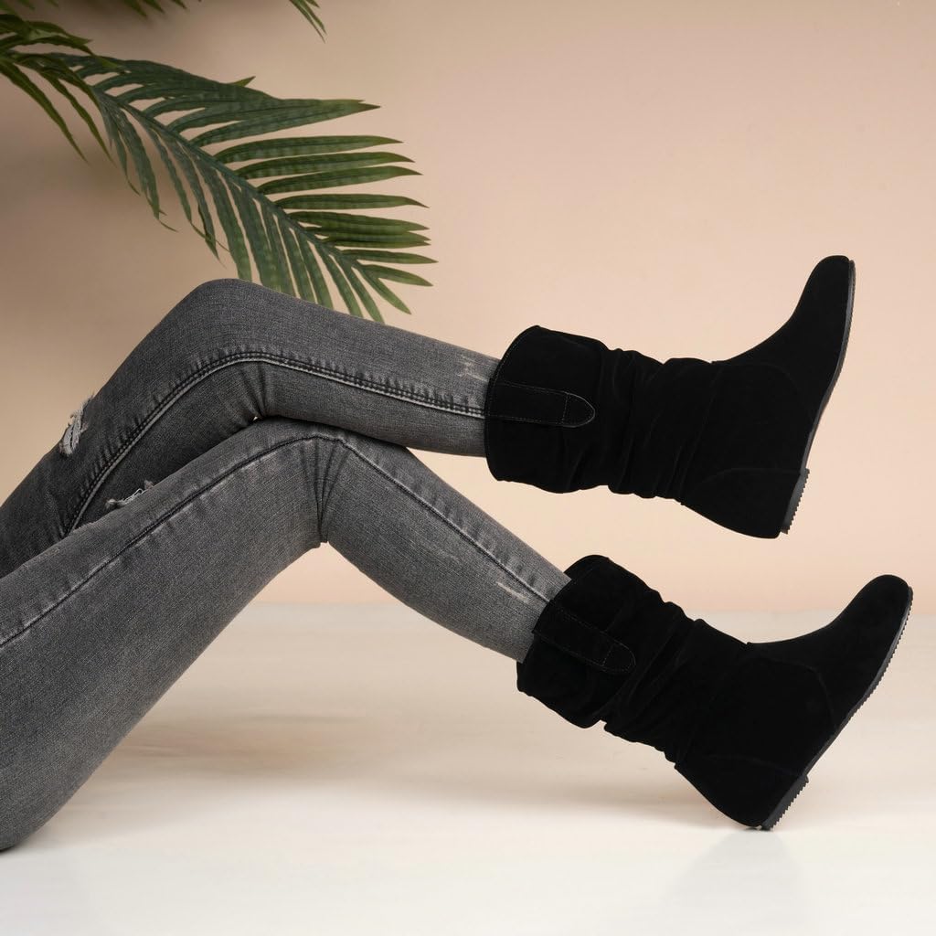 DINTAHA Mid Calf Slouch Cowgirl Cowboy Boots Flat Slouchy Booties Pull On Western Ankle Boots