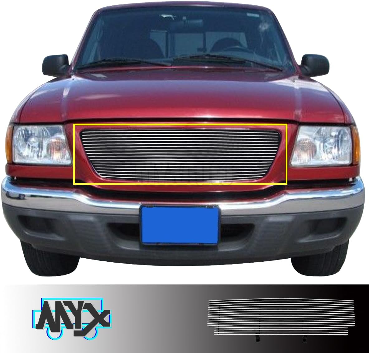 Front Grille Fits 2001-2003 Ford Ranger XLT/XL 2WD Shell Closed Billet Grill Mian Upper Grill -Mirror Polish Finish