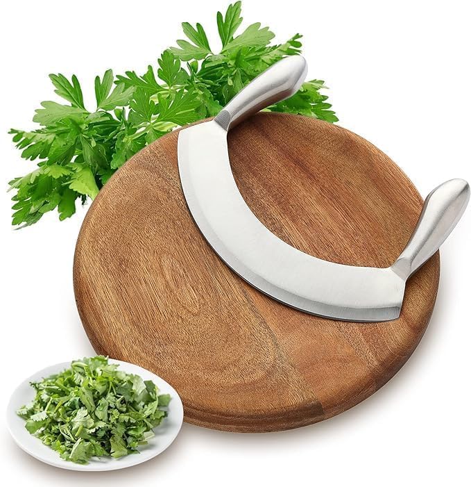 Image of Stainless Steel Mezzaluna Rocking Knife-Herb,Vegetable&Salad Chopper with Dual Handles for Easy, Efficient Cutting|Easy Grip Sharpe Edge Quick Food Preparation Cutter Tool|Pizza Slice Knives