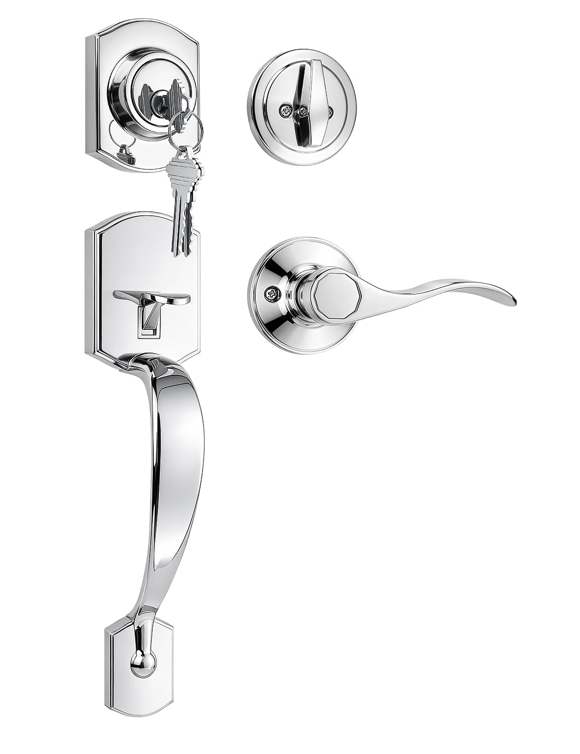 Poignée de porte avant et pêne dormant Tinewa Camelot en chrome brillant pour entrée de maison