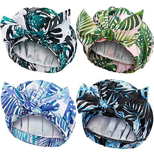 4 Pieces Shower Caps for Women, Waterproof Reusable Shower Hair Caps Elastic Hem Turban Shower Bath Caps for Long, Short and Curly Hair for Women Girls (Palm Leaf Pattern)