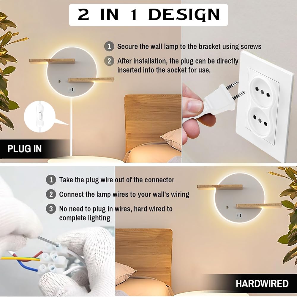 KZT Applique murale avec port de charge USB, contrôle tactile, à intensité variable, avec prise et câble, 15 W, lampe de chevet, éclairage mural pour chambre à coucher, salon, chambre d'enfant
