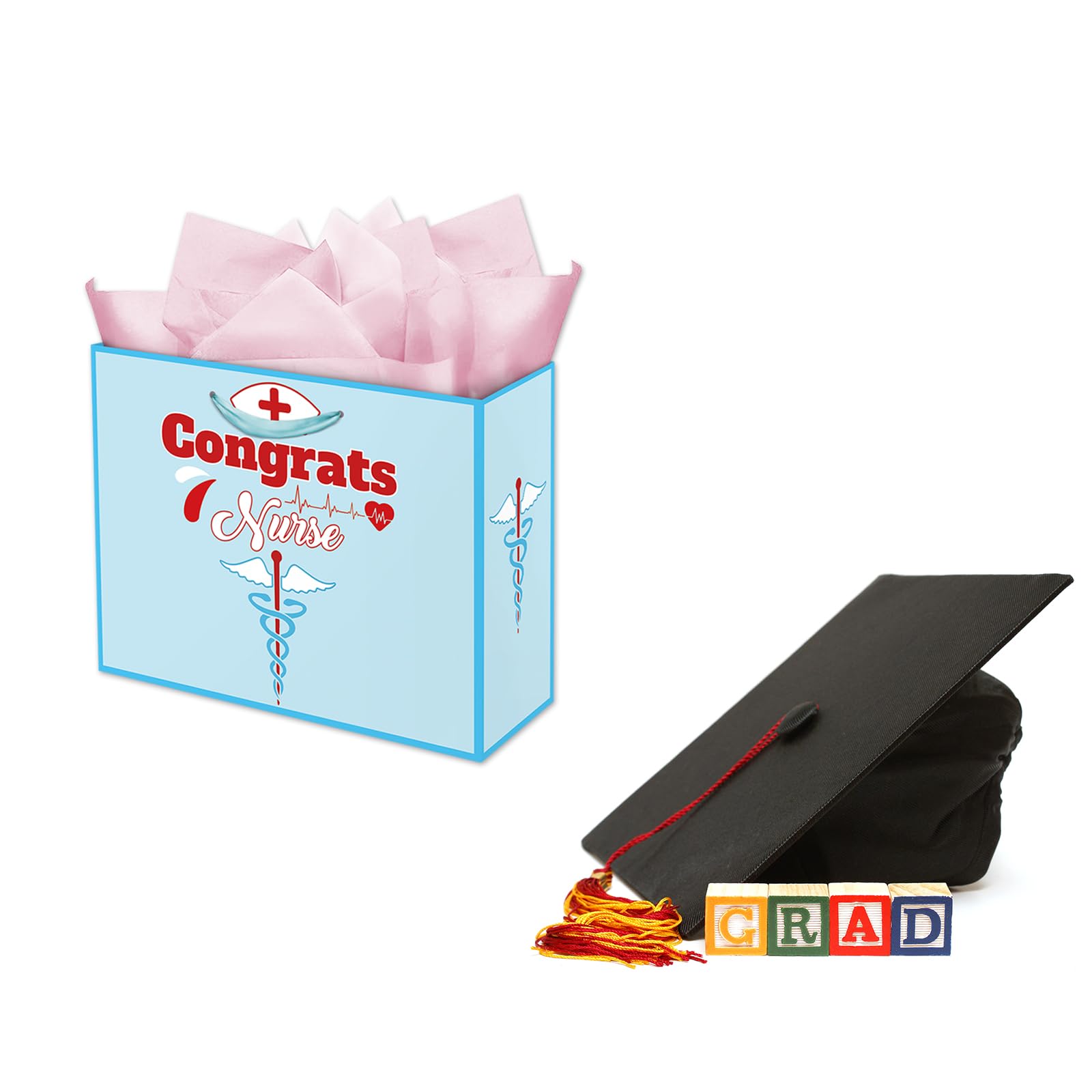 FANOST Grand sac cadeau pour infirmière avec papier de soie et carte de vœux, 33 x 12,4 x 25,9 cm, grand sac cadeau pour remise de diplôme, sac cadeau de fête pour école d'infirmière en médecine