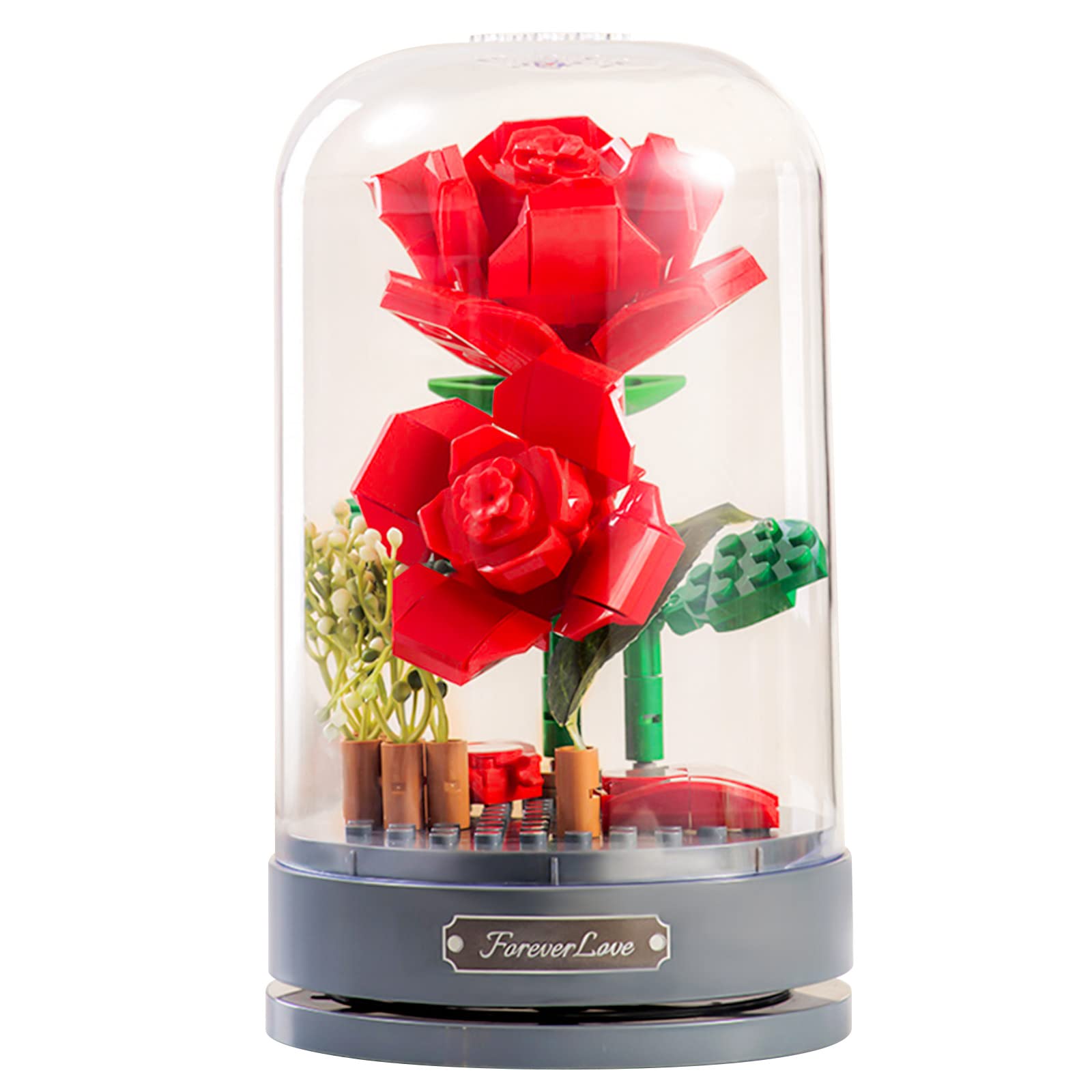 MEIEST Building Blocks Flowers Bouquet Set with Music Box and Dust-Proof Dome,DIY Simulation Artificial Particle Flower Collection Construction Building Bricks Toy,Home Decor (Red Rose)